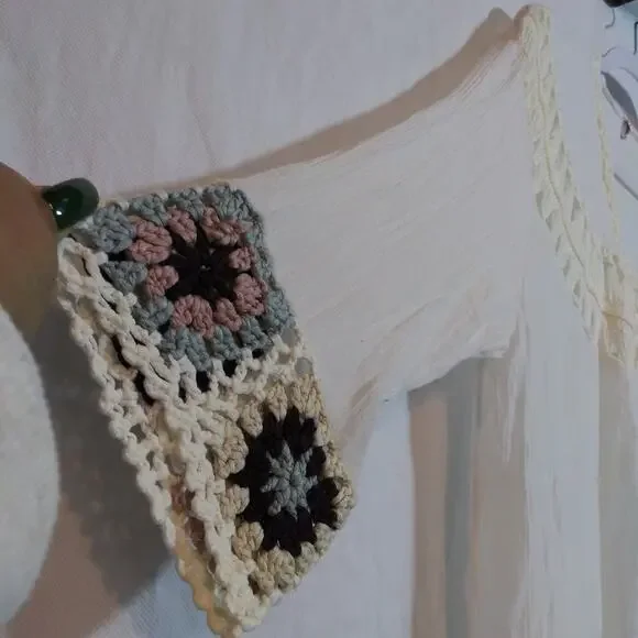 Oliver by Escio Boho Gauzy Cardigan Crochet Granny Square Trim Tie Front Size L - Picture 3 of 9